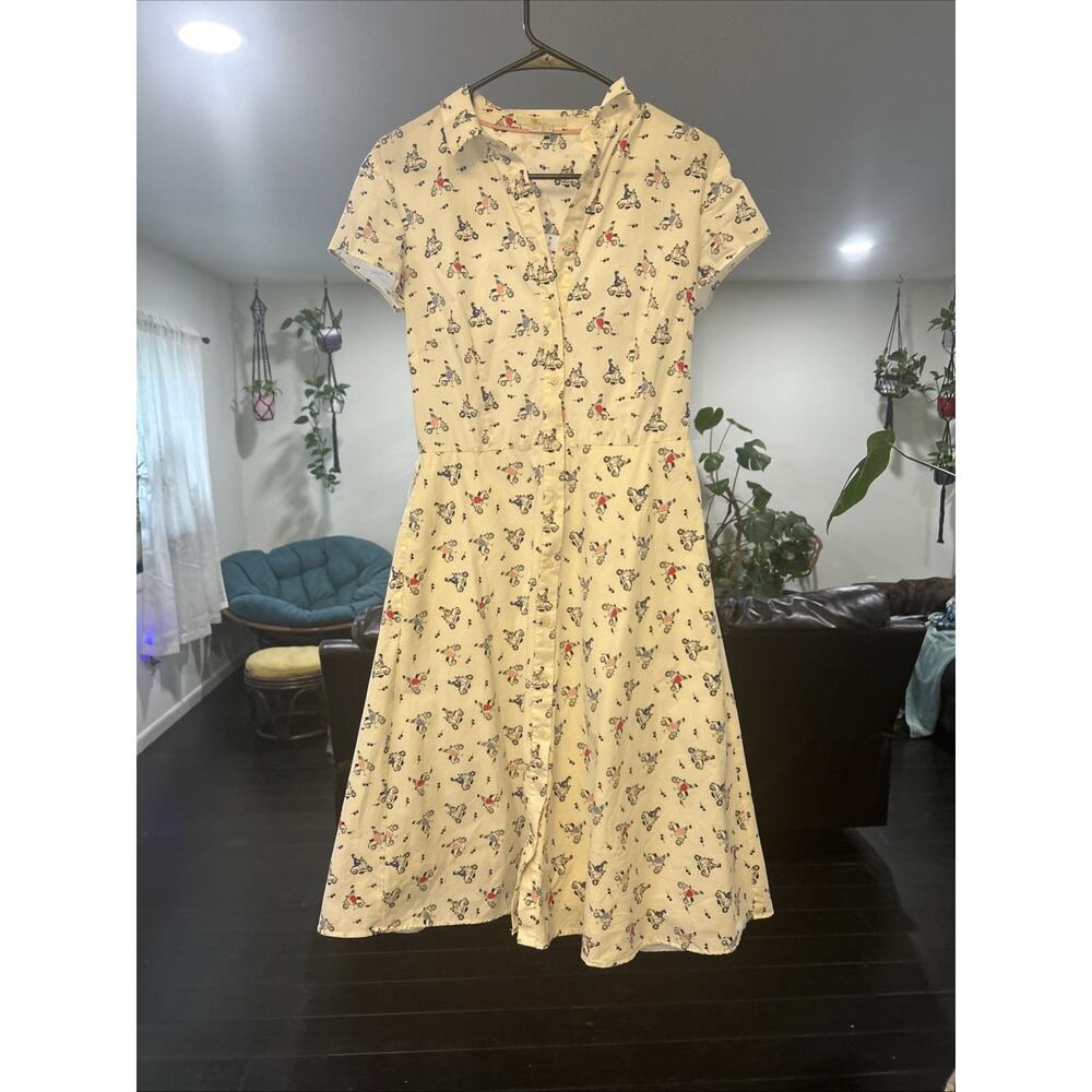 Boden Fit And Flare White Midi Dress Size 4L Moped Pattern 97% Cotton X2 Buttons